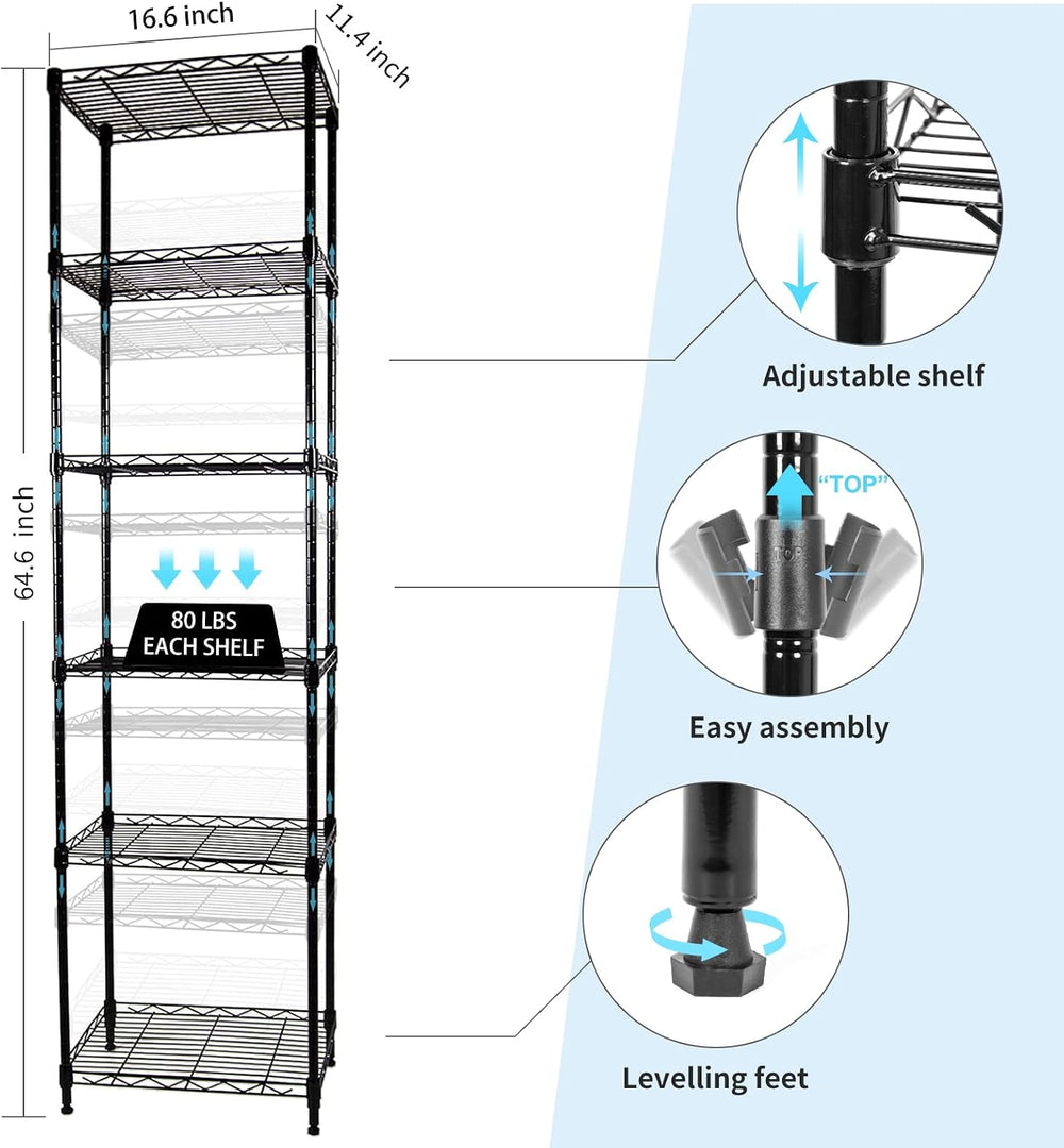 SUNLPH 6-Tier Wire Shelving Adjustable Shelves Unit Metal Storage Rack for La...