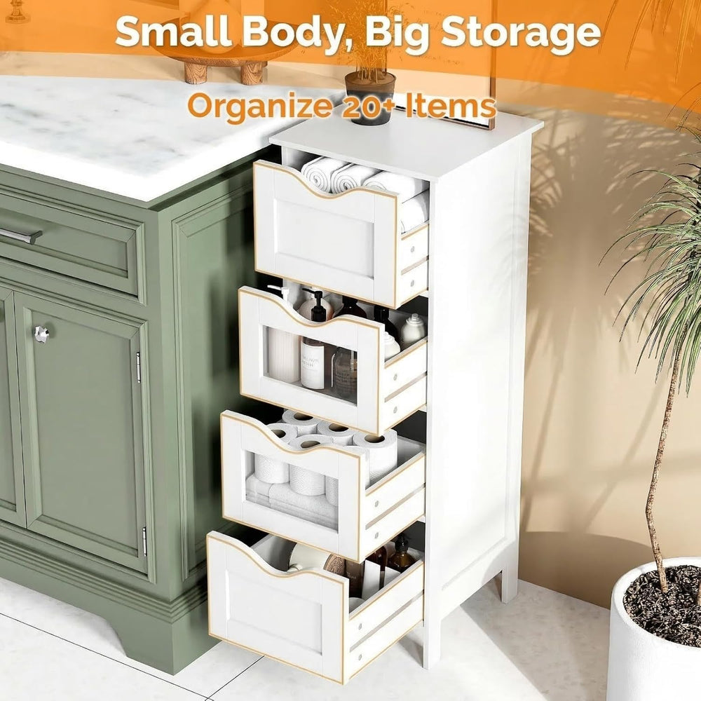 VINGLI White Bathroom Storage Cabinet with 4 Drawers Wooden Freestanding Slim...