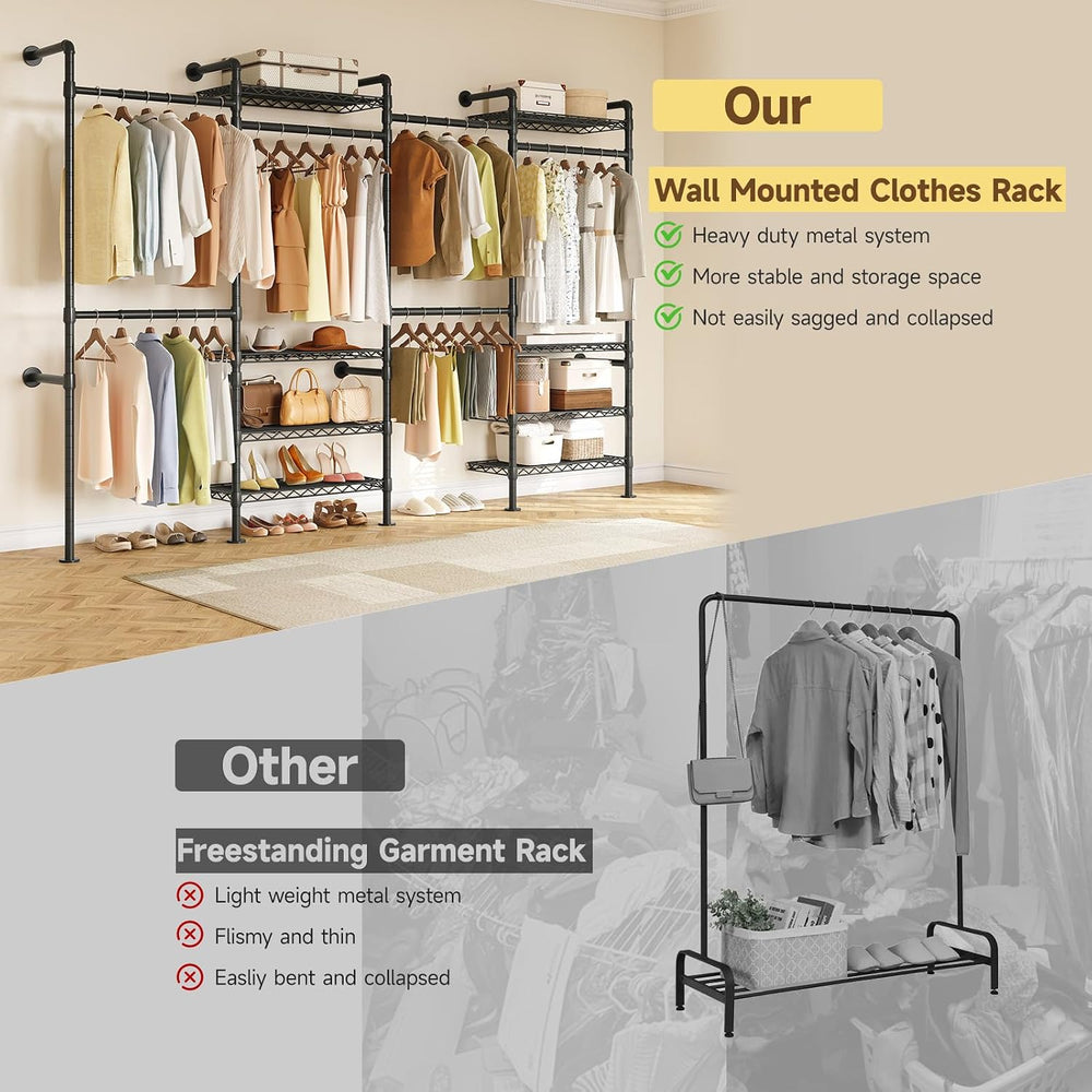H4 Wall Mounted Closet System, Expandable Industrial Pipe Clothing Rack