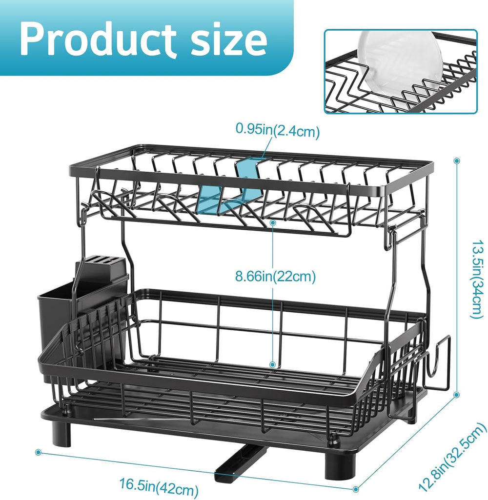 2 Tier Dish Drying Rack for Kitchen Counter, Large Capacity, Black