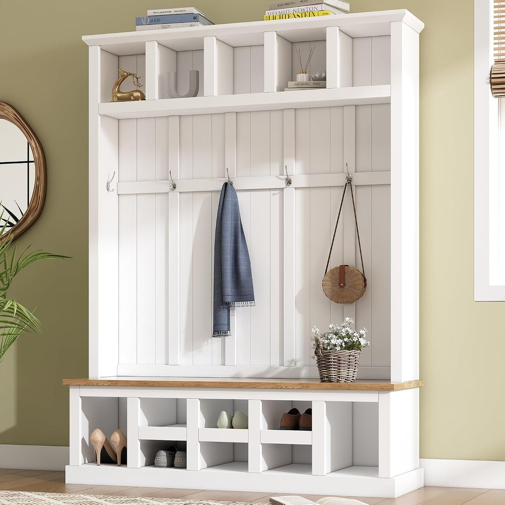 78''H Hall Tree with Wide Storage Seating Bench, Farmhouse Wooden Sty...