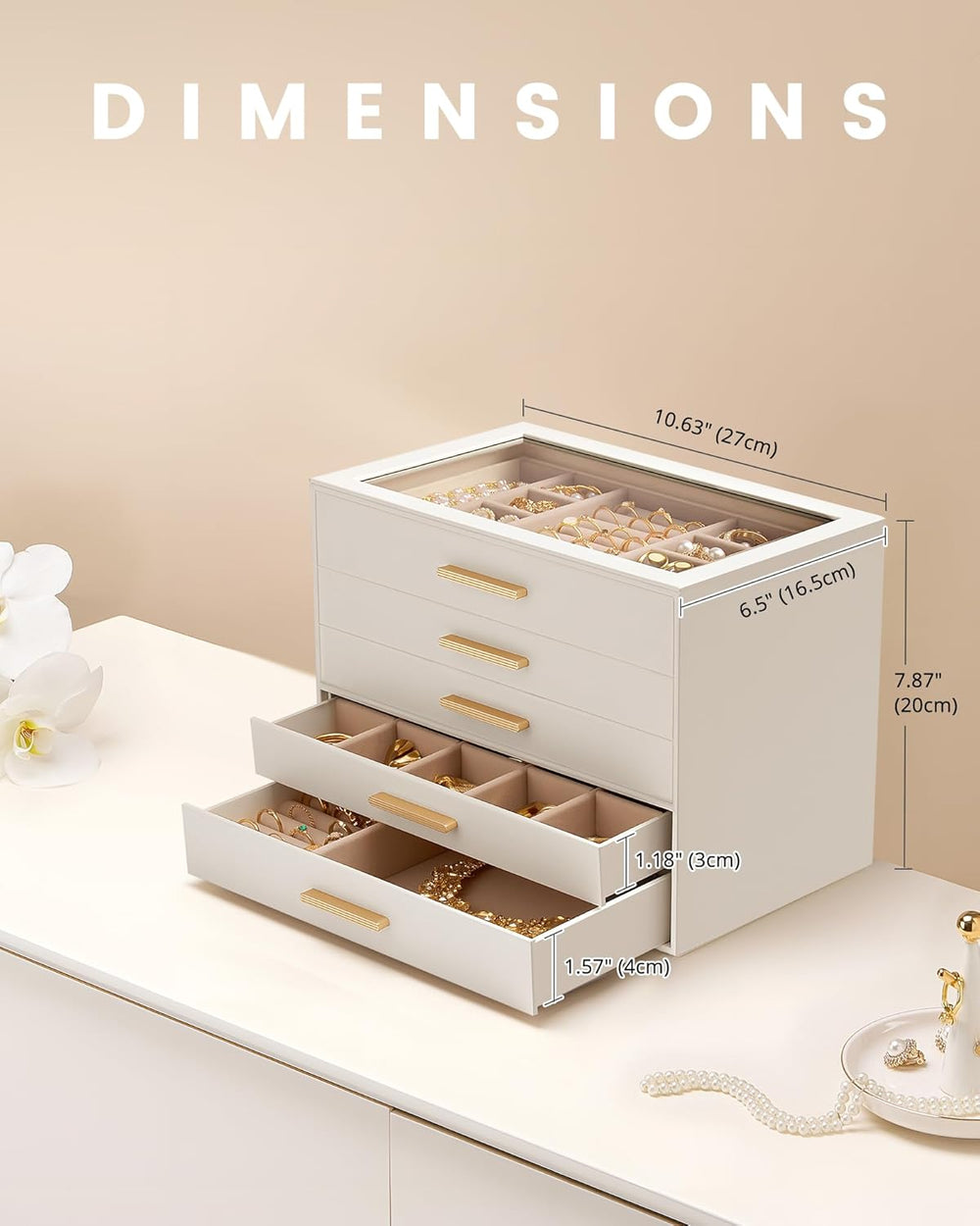 Lolalet Jewelry Box Organizer, 5-Layer Jewelry Storage Case -Beige