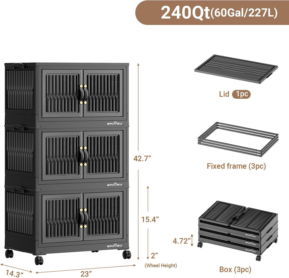 BROVIEW 240Qt Stackable Storage Bins with Lid for Home Dorm, 3Pack Black