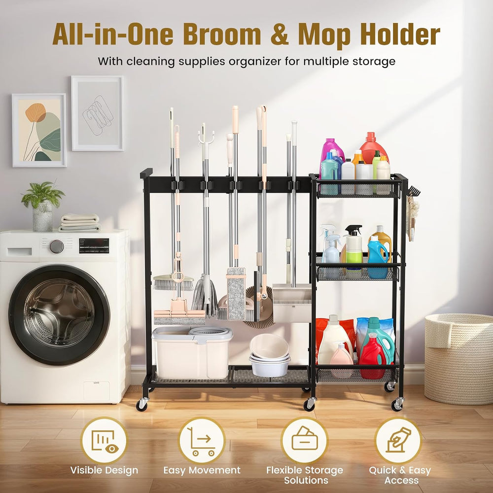 Broom Holder with Cleaning Supplies Organizer, Cleaning Utility Cart on Wheel...