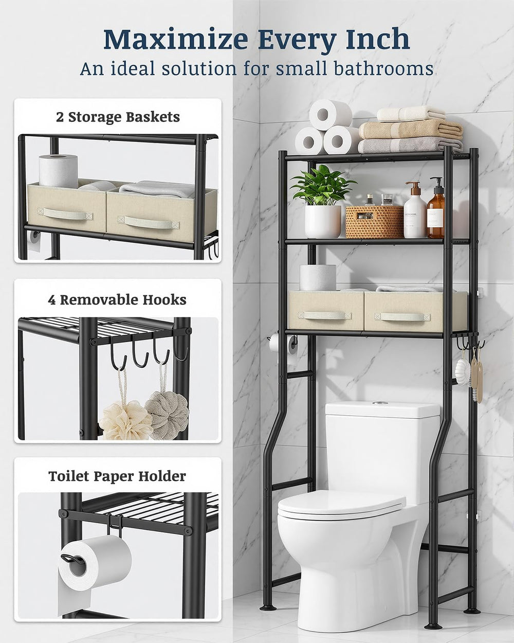 3-Tier Over Toilet Storage Cabinet, 64" H, Black, 2 Baskets