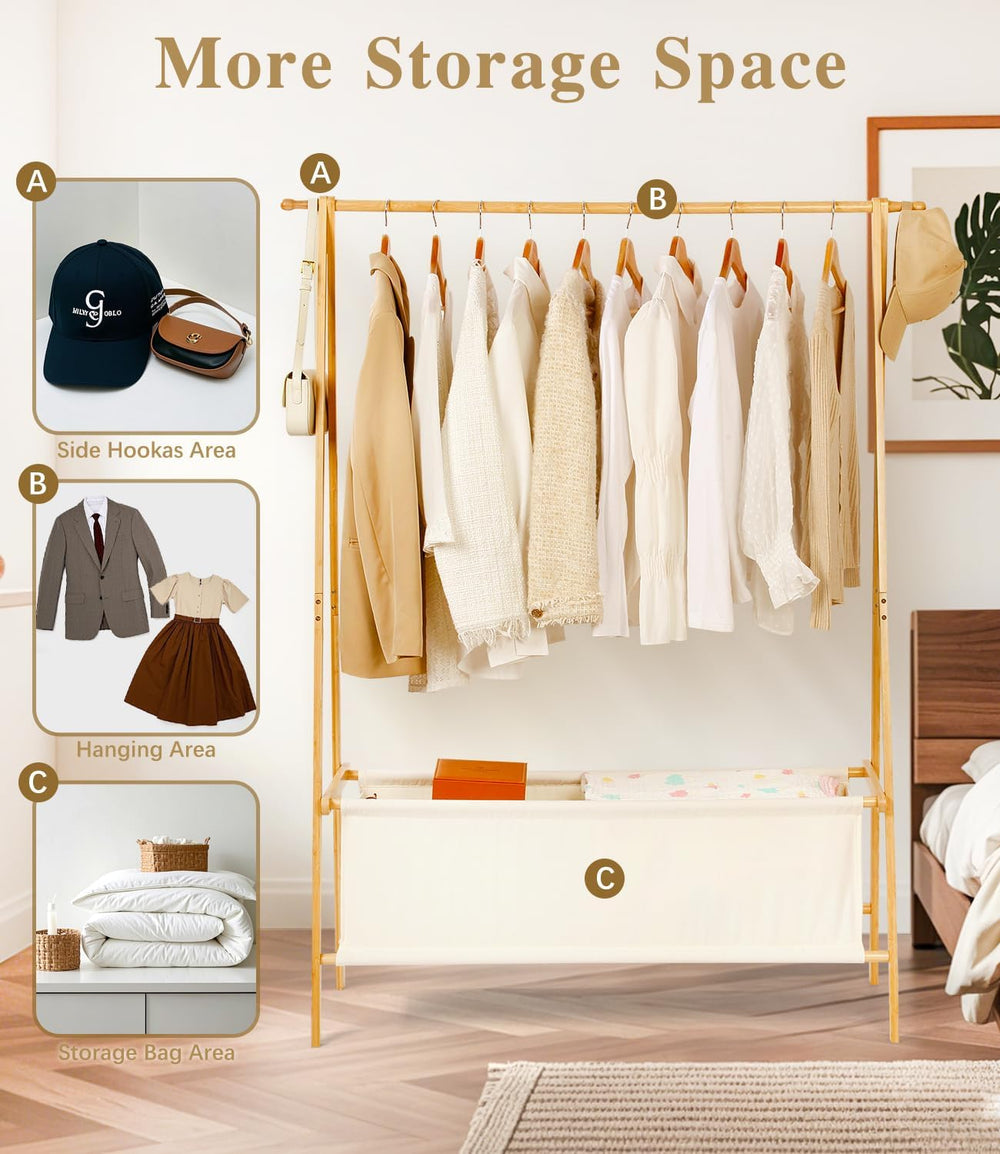 Bamboo Clothes Rack with Storage Box, Portable Extra Large Garment Rack Cloth...