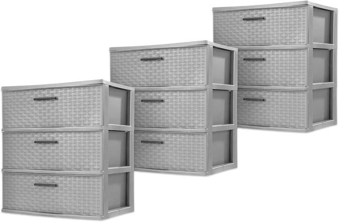 Sterilite 3 Pack 3 Drawer Wide Storage Tower, Weave Organizer, Cement