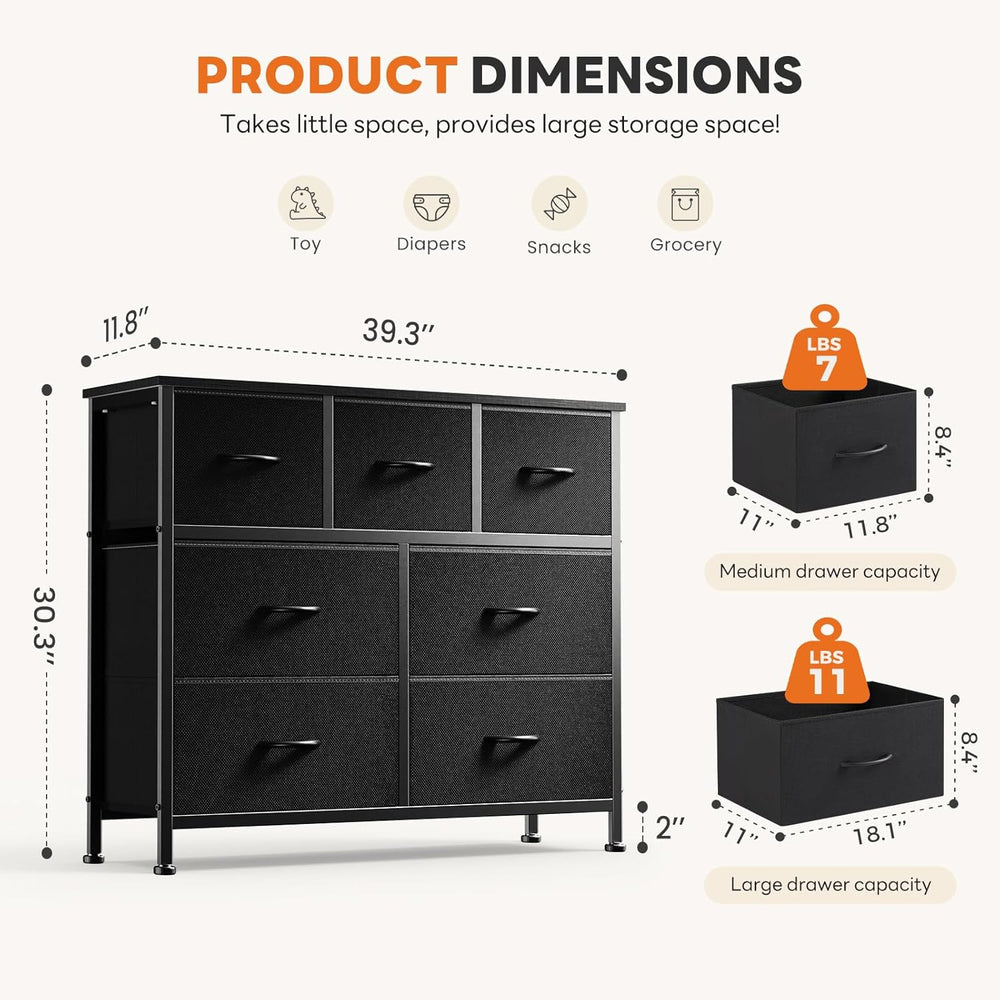 Sweetcrispy 7 Drawer Fabric Dresser for Bedroom Storage with Bins, Black