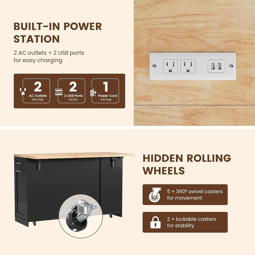 Dripex 53'' Rolling Kitchen Island with Power Outlet, Drop Leaf &...