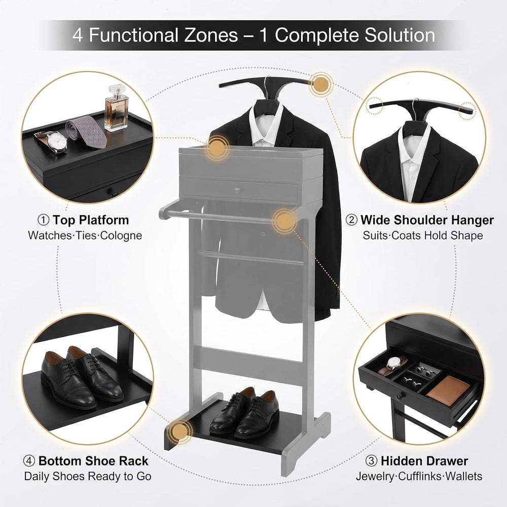 Suit Valet Stand | Knight Valet Sand with Tie Bar | Wood Valet Stand with Bas...