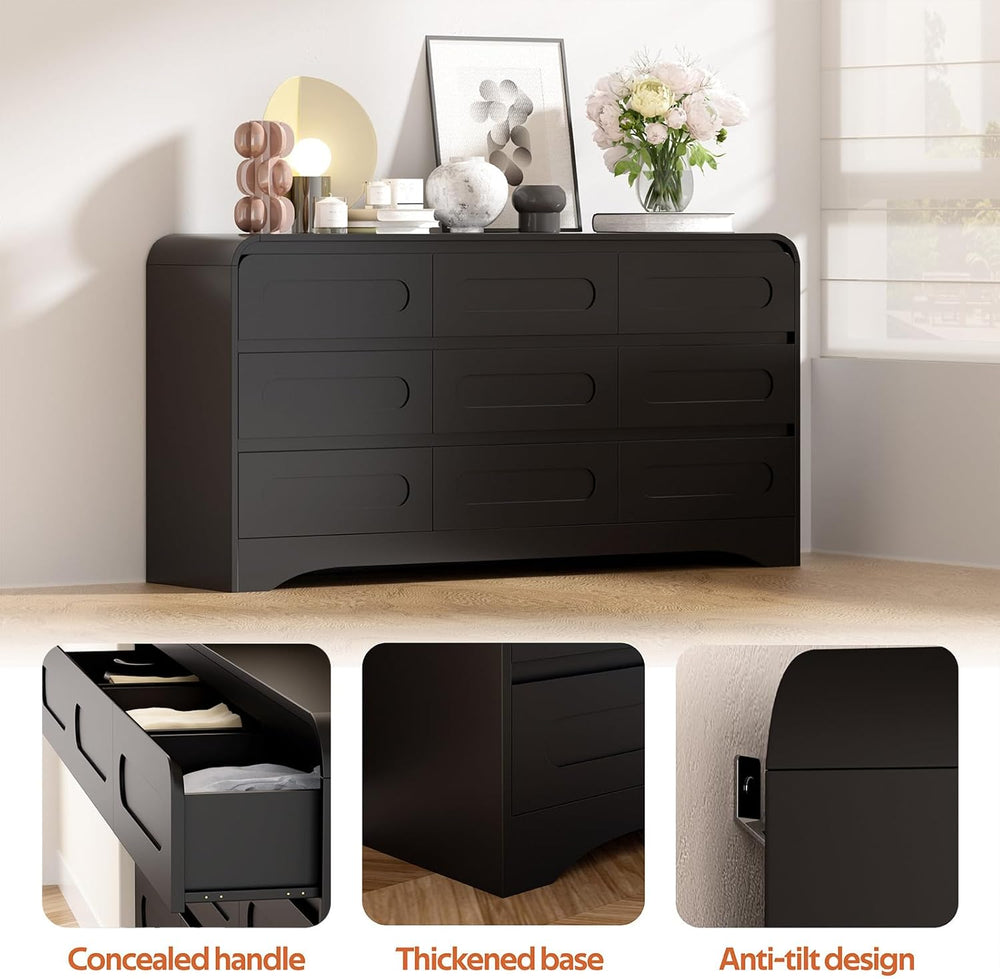 Dresser for Bedroom with 9 Drawers, 63" Large Modern Dressers, Black