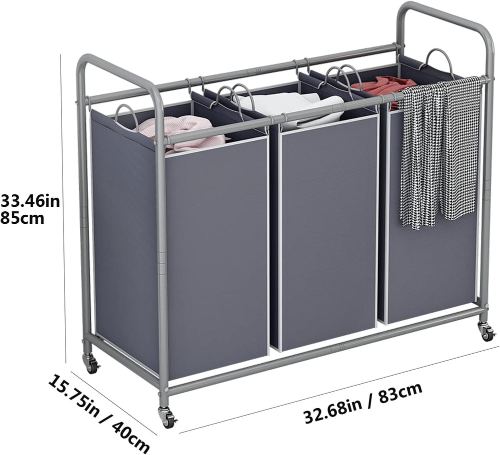 LINZINAR 3 Section Laundry Hamper Sorter, Grey Laundry Basket with Wheels