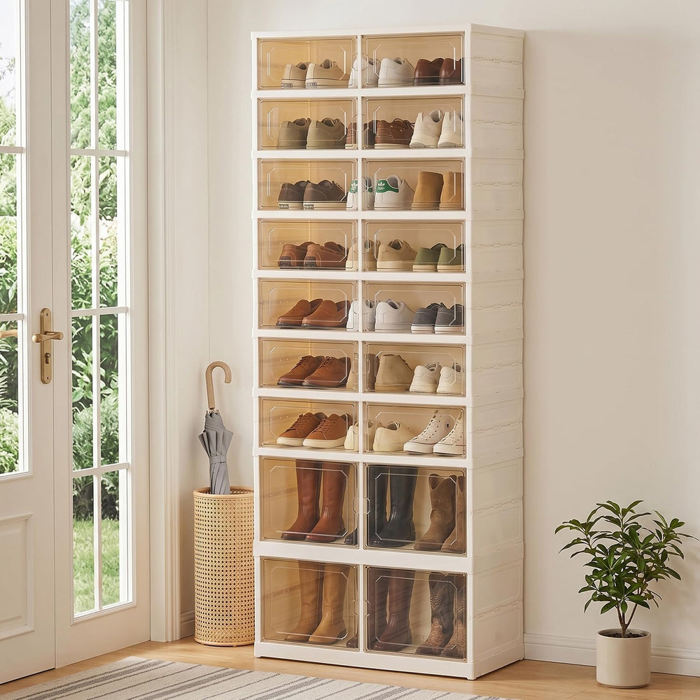 Foldable Shoe Rack, 9-Tier Shoe Storage Cabinet with Clear Doors for Closet