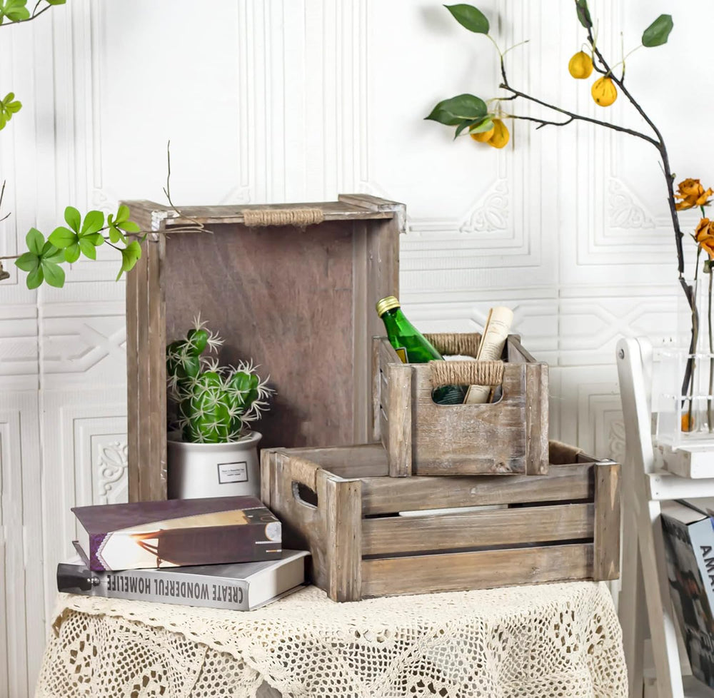 TIMRIS Set of 3 Rustic Wood Nesting Crates, Farmhouse Wooden Storage Containe...