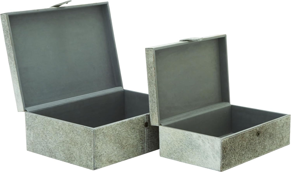 Deco 79 Leather Handmade Box with Hinged Lid, Set of 2 17", 14"W, Gray