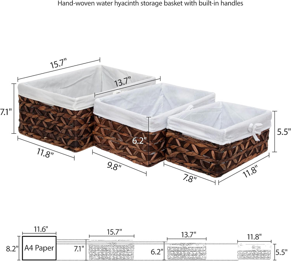 Small Wicker Rectangle Basket,Natural Water Hyacinth Baskets Set of 3