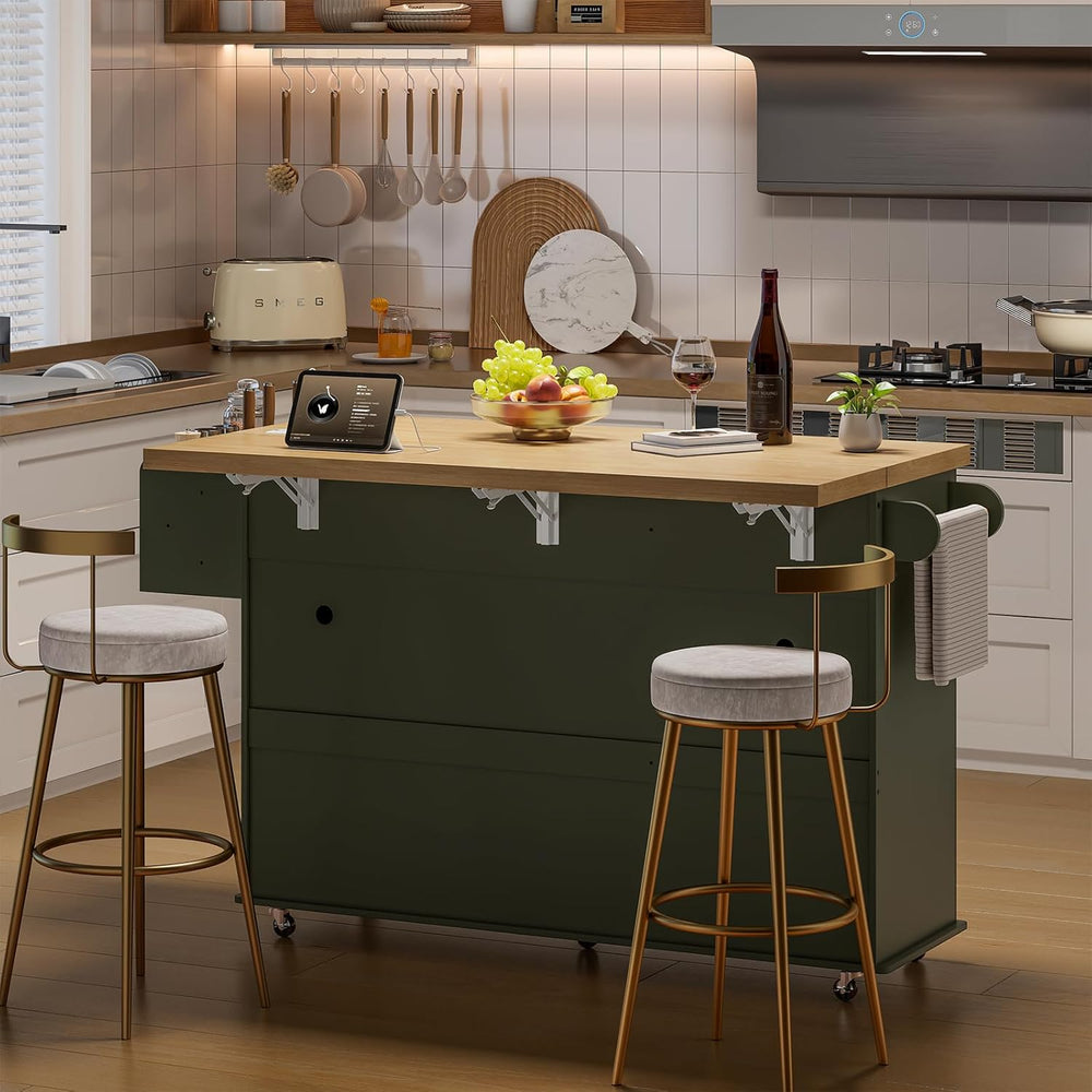 60" Kitchen Island with Drop Leaf & Trash Can Storage, Green+Brown
