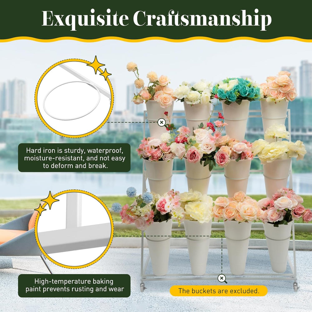Plant Flower Bloom Bar Stand with 12 Buckets, Flower Cart Display Stand White...
