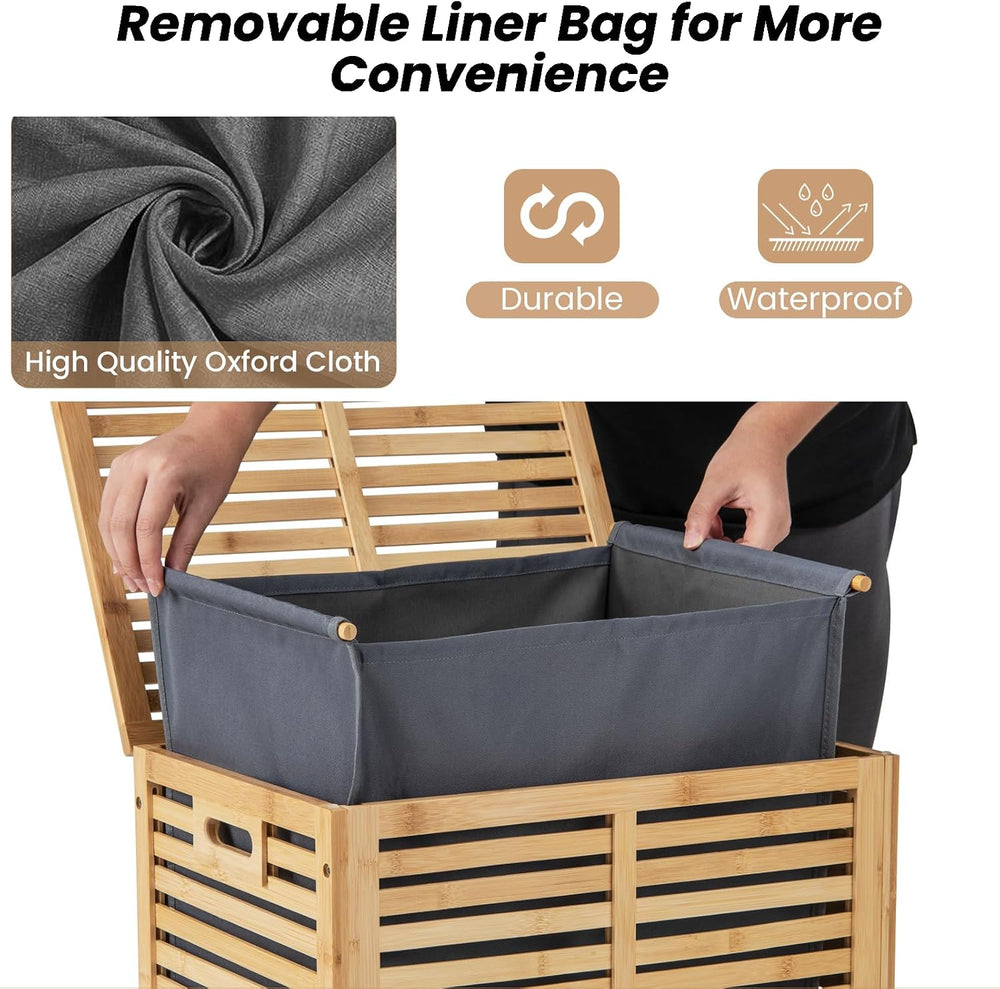 Multigot Bamboo Laundry Basket, Clothes Storage Hamper with Lid & Removab...