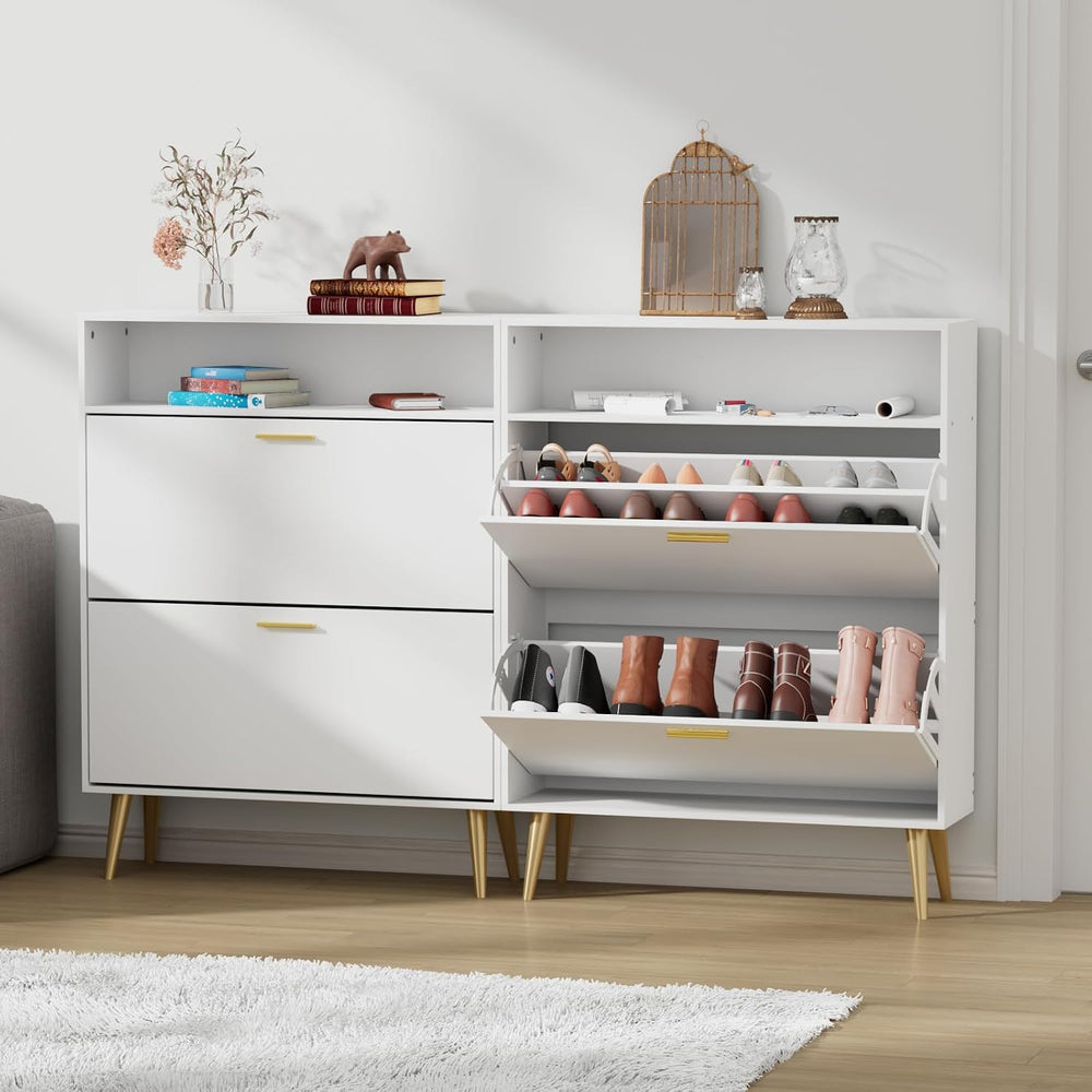JOZZBY Shoe Storage Cabinet with 2 Flip Drawers and Open Shelves, White, 2PCS...