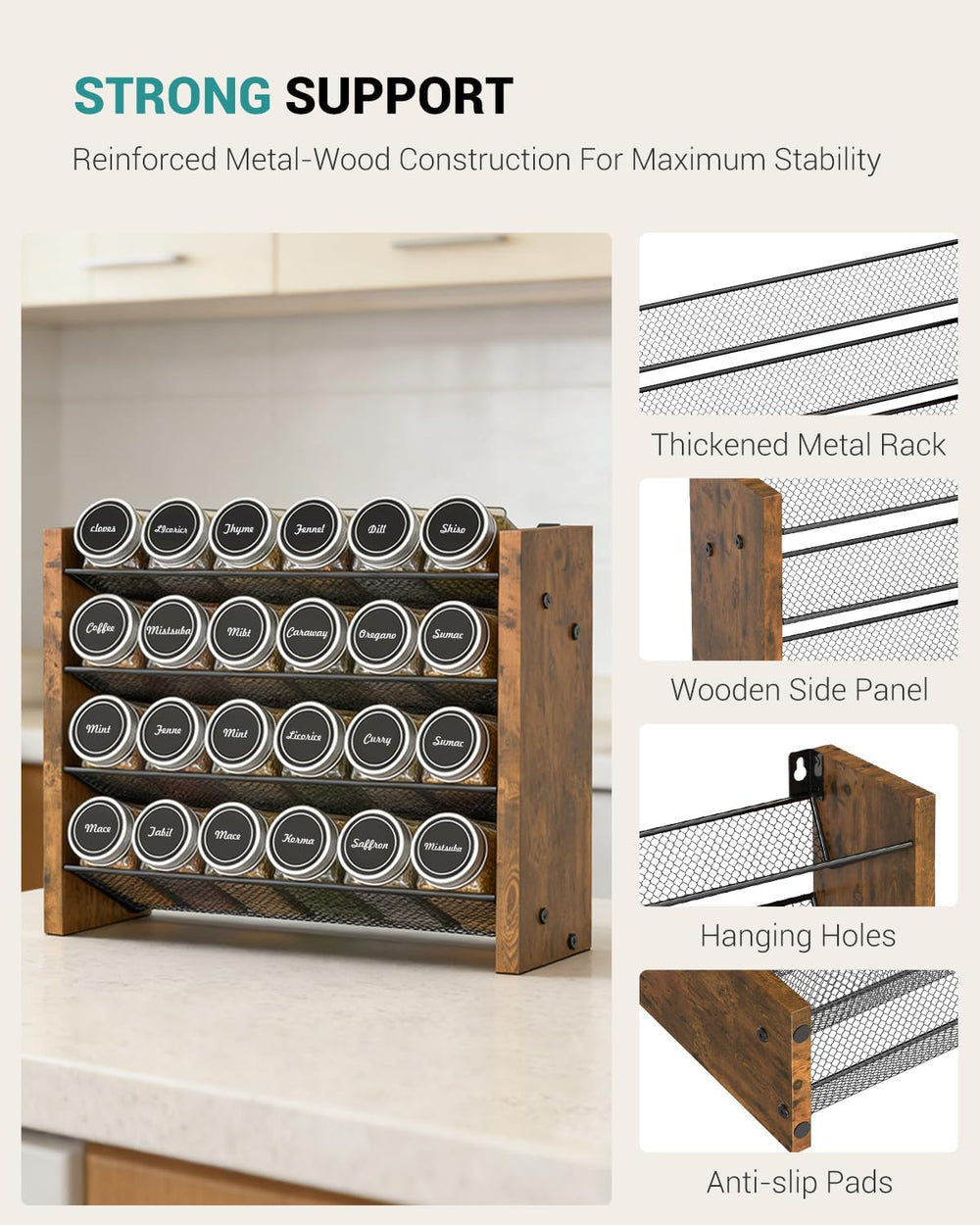Spice Rack Organizer with 24 Glass Jars, for Cabinet Wall Mount Countertop