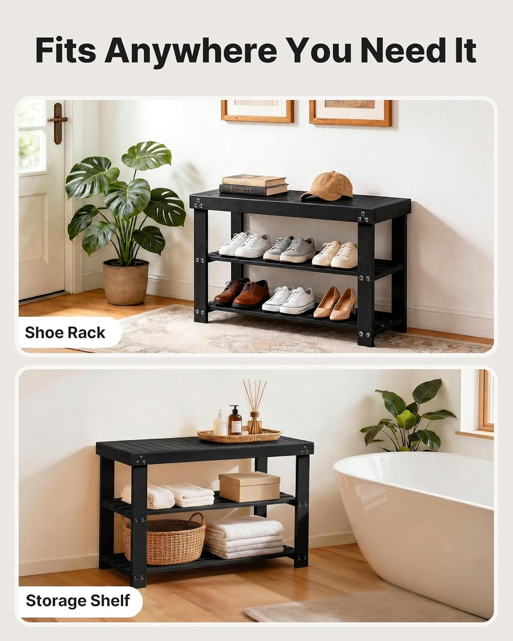 Amada 3 Tier Bamboo Shoe Rack Bench for Entryway, Living Room, Black