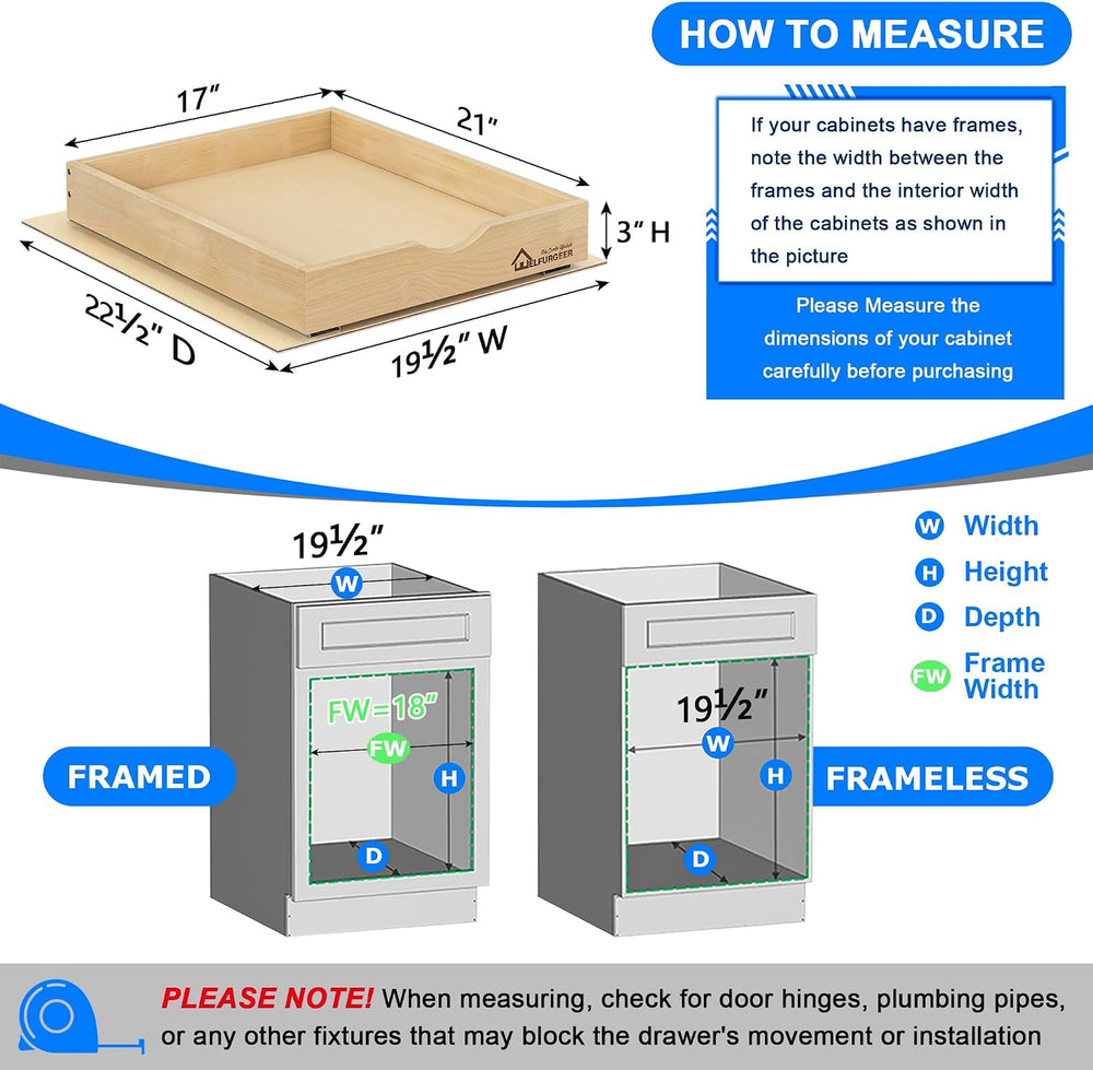 WelFurGeer Soft Close Pull Out Drawers for Cabinets, 17" W x 21" D ...