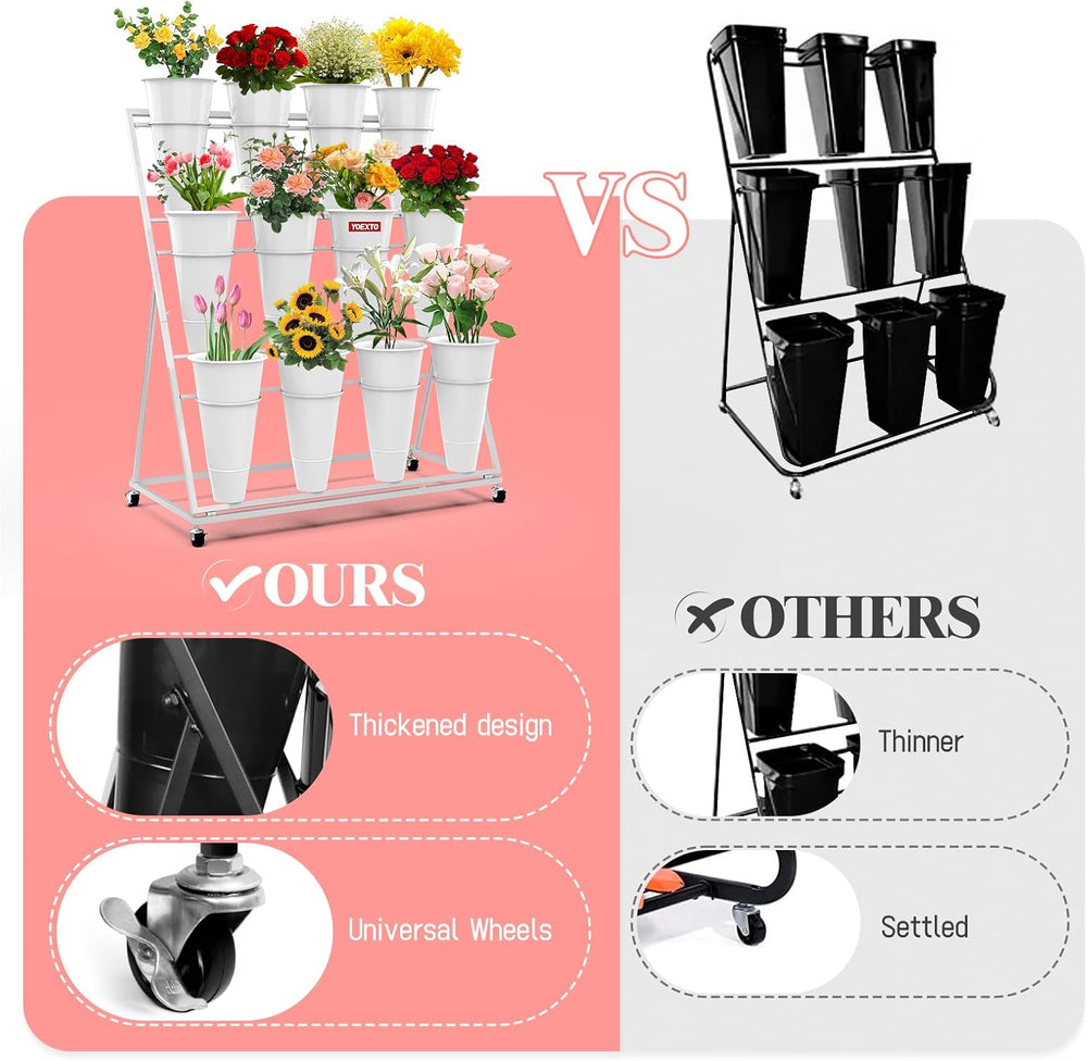 Flower Display Stand with 12 Buckets, 3-Layer Metal Plant Stand with Wheels, ...