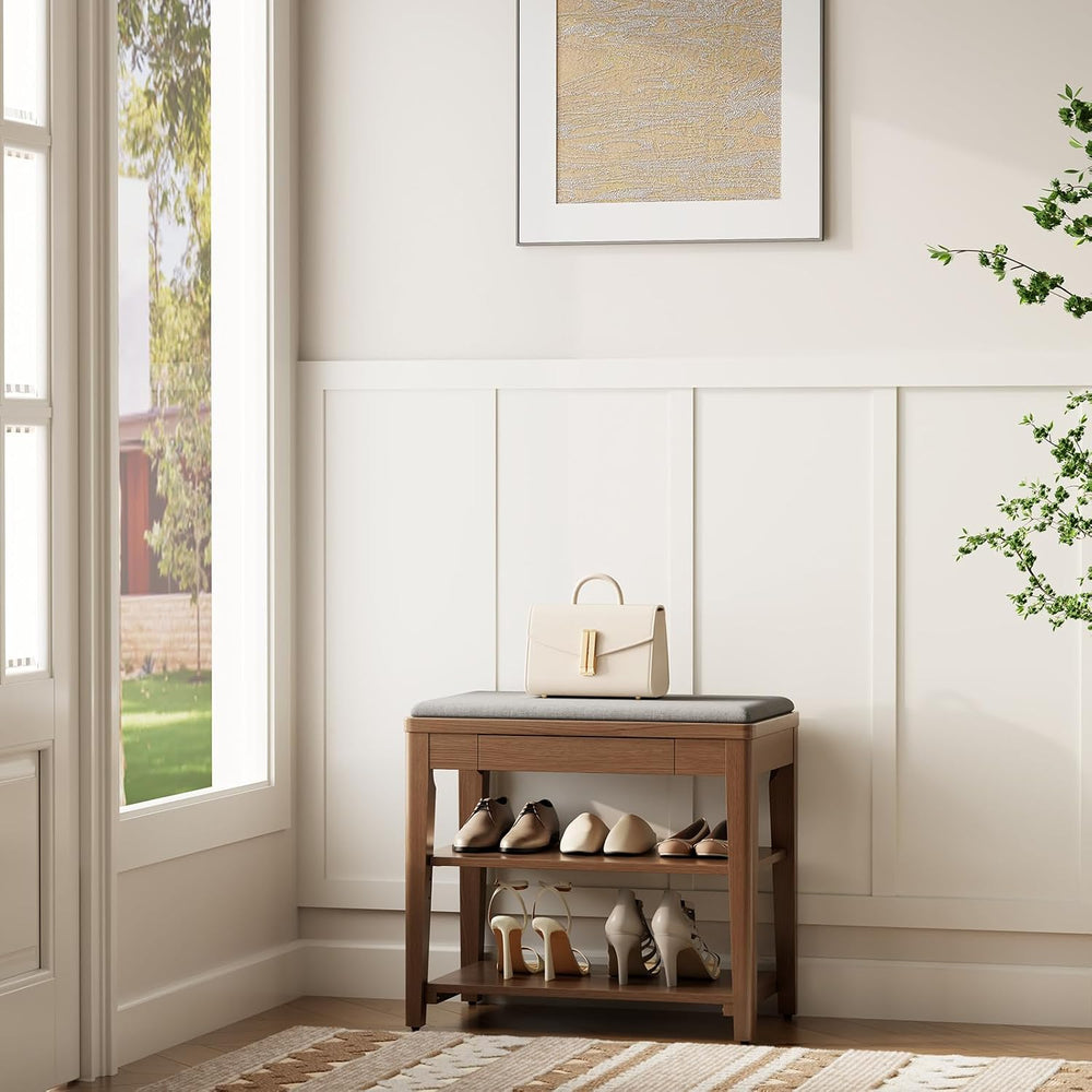 Solid Wood Shoe Bench with Storage, 2-Tier Shoe Storage Bench with Cushion