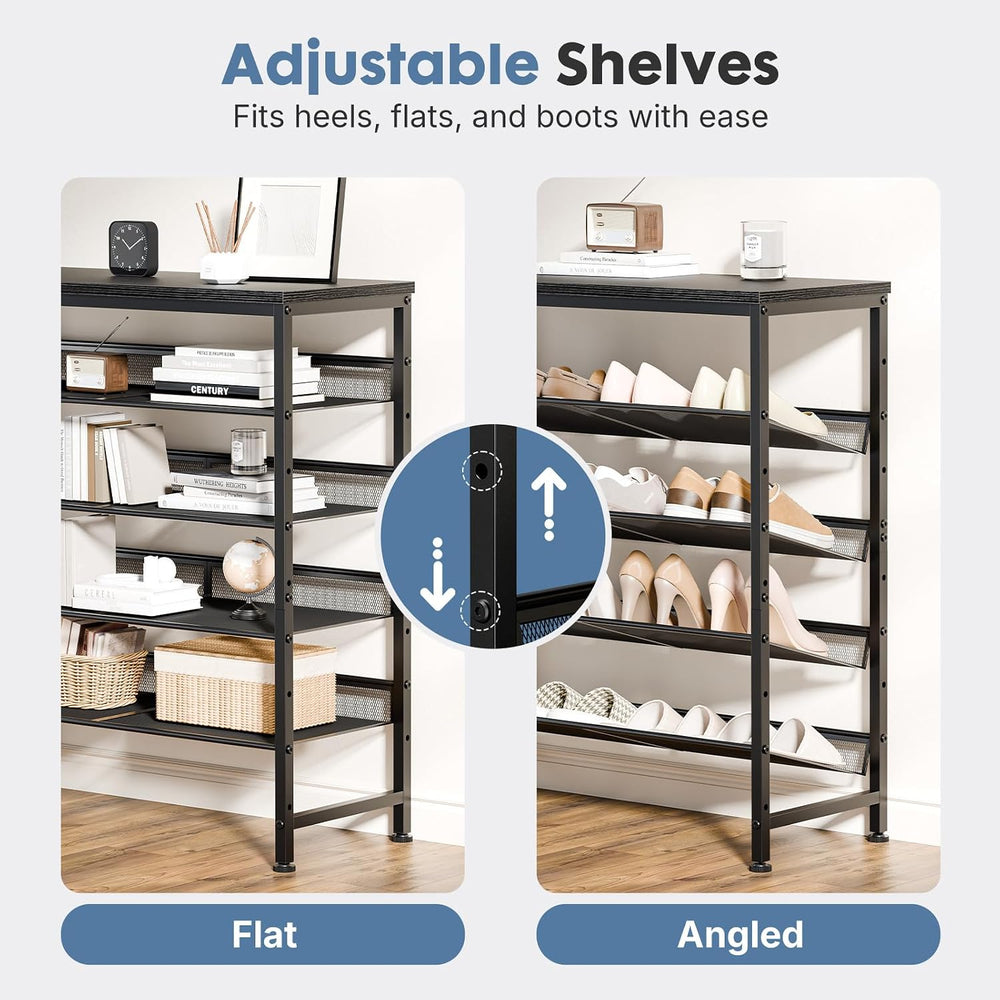 DUMOS 5-Tier Shoe Rack for 16-20 Pairs, Mesh Shelves, Black