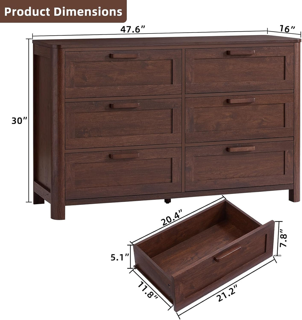 Joaxswe Farmhouse 6 Drawer Dresser for Bedroom, Walnut