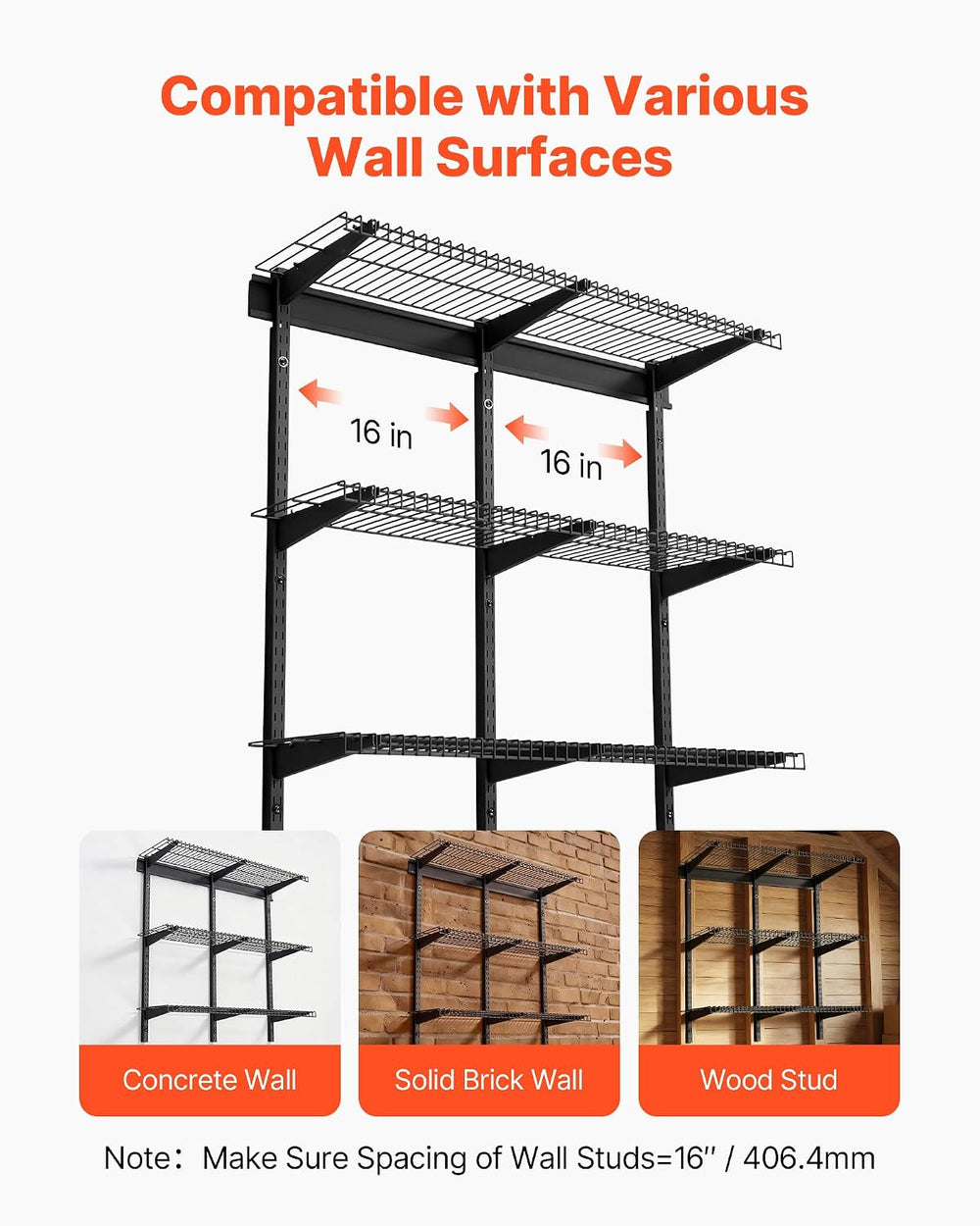 VEVOR 3-Tier Heavy Duty Wall Garage Shelving, 0.9 x 3 ft Steel Wall Mounted S...