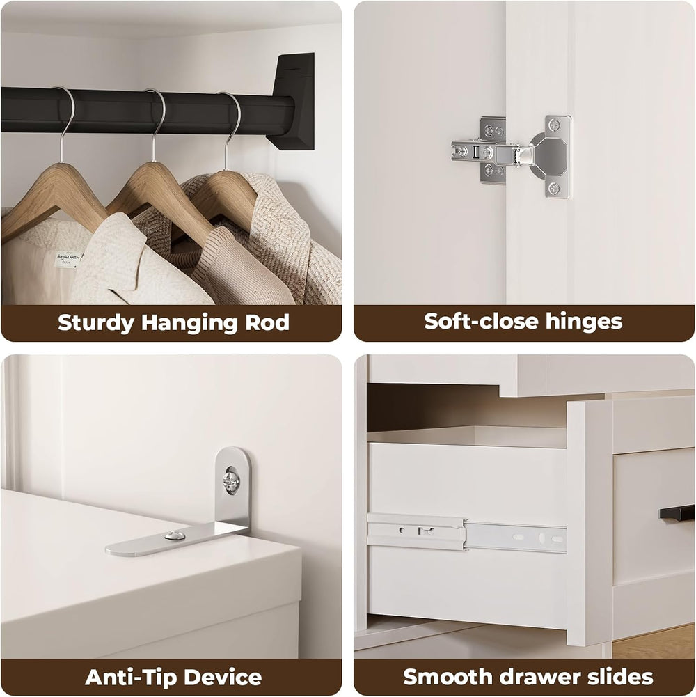 Wardrobe Closet with Doors, Bedroom Armoire with 3 Drawers and Hanging Rod