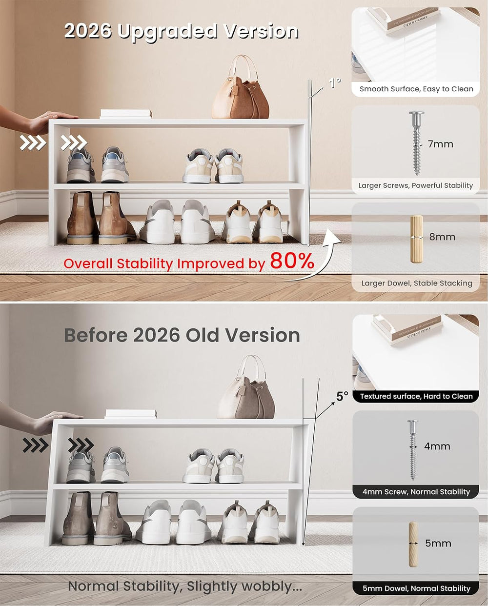 2-Tier Stackable Shoe Rack, Holds 6–9 Pairs, 24.6 Inches, White