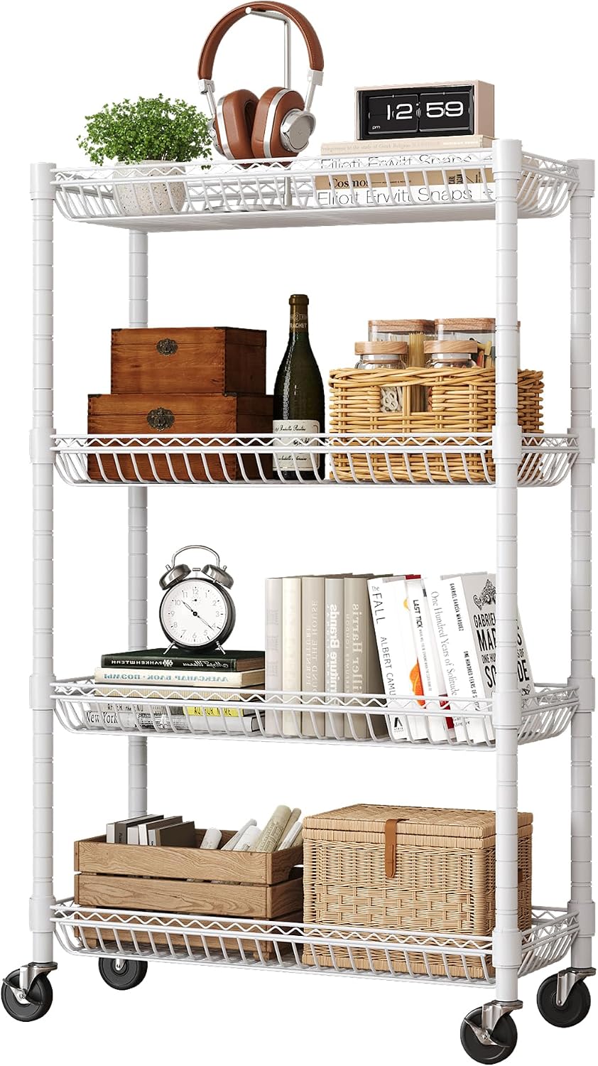 4-Tier Rolling Storage Shelves with Wire Baskets,30x13.5x44.5in