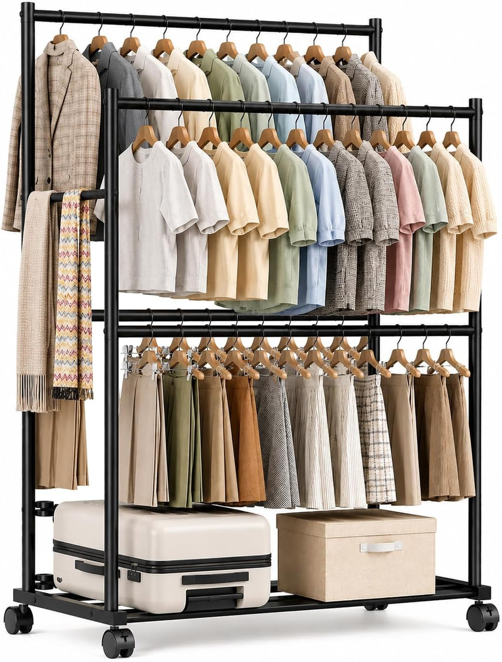 Clothes Rack - 36.2" x 21.3" x 72", 4-Bar Double Rod Rolling M...