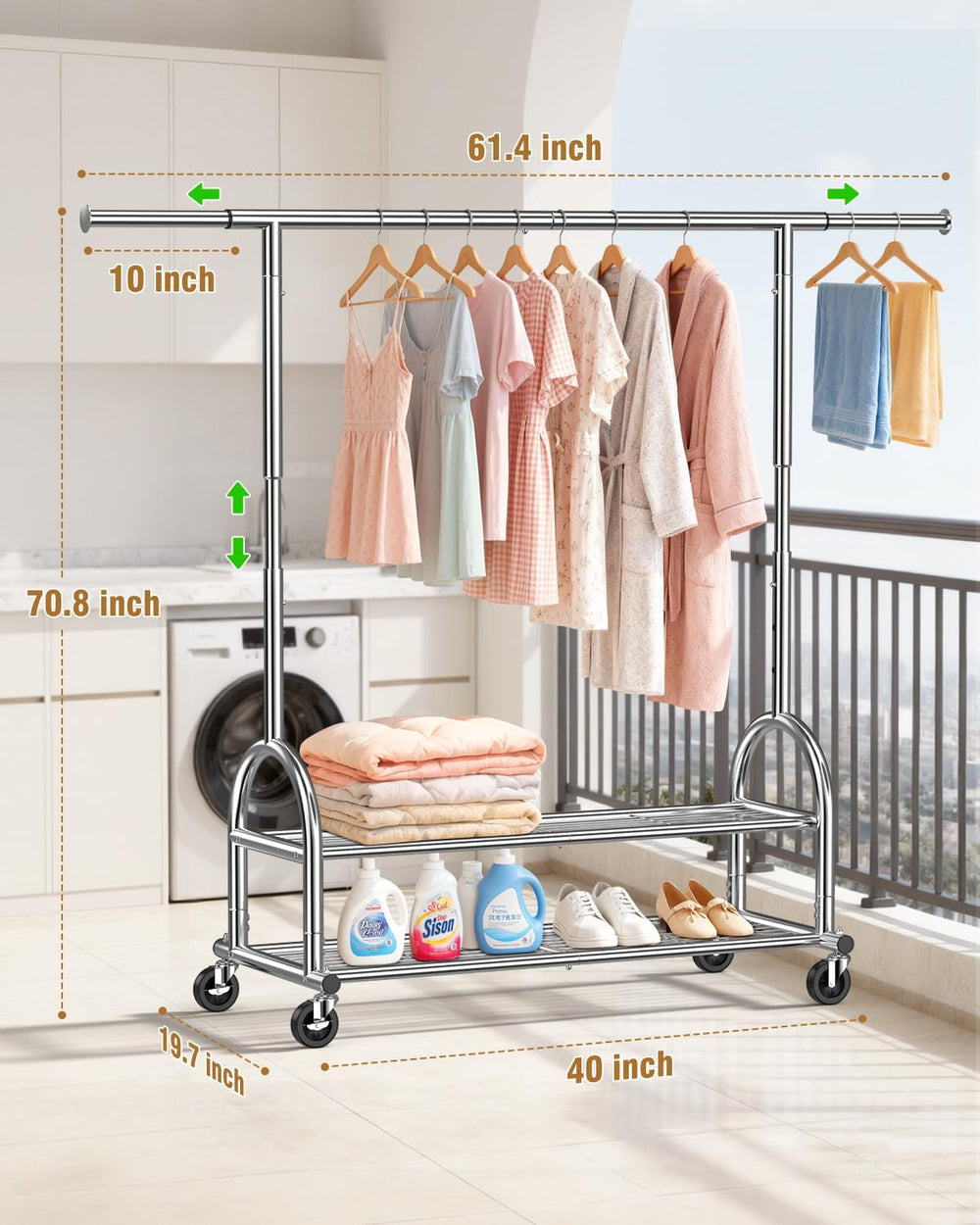 EAGMAK Rolling Clothes Rack Heavy Duty Clothing Rack with 2 Shelves, Silver