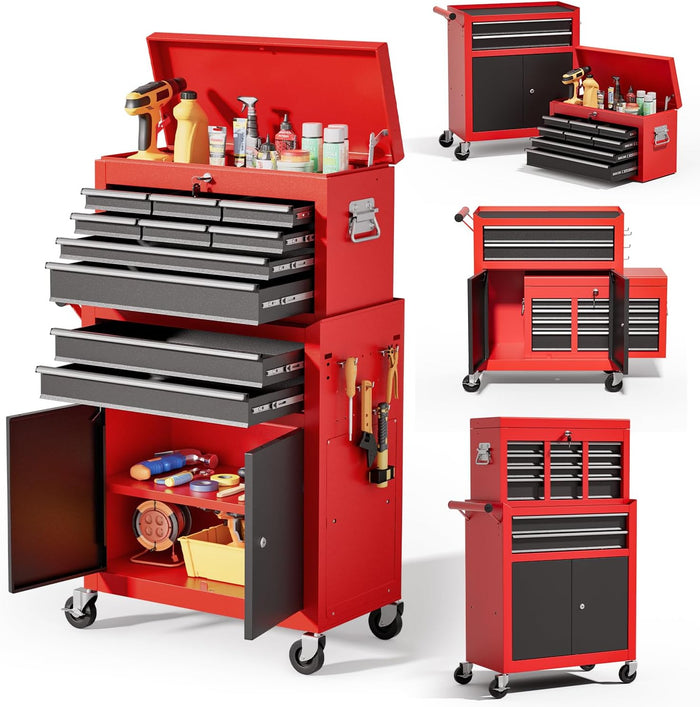 10-Drawer Rolling Tool Chest with wheels, Lockable 2-in-1 Tool Box
