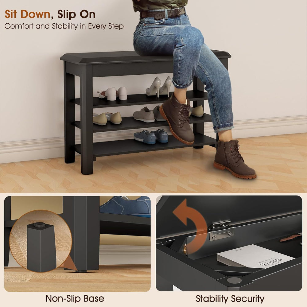 IUNVR Shoe Rack Bench Seat Rubberwood 3-Tier Wooden Storage Bench 550lbs Comp...