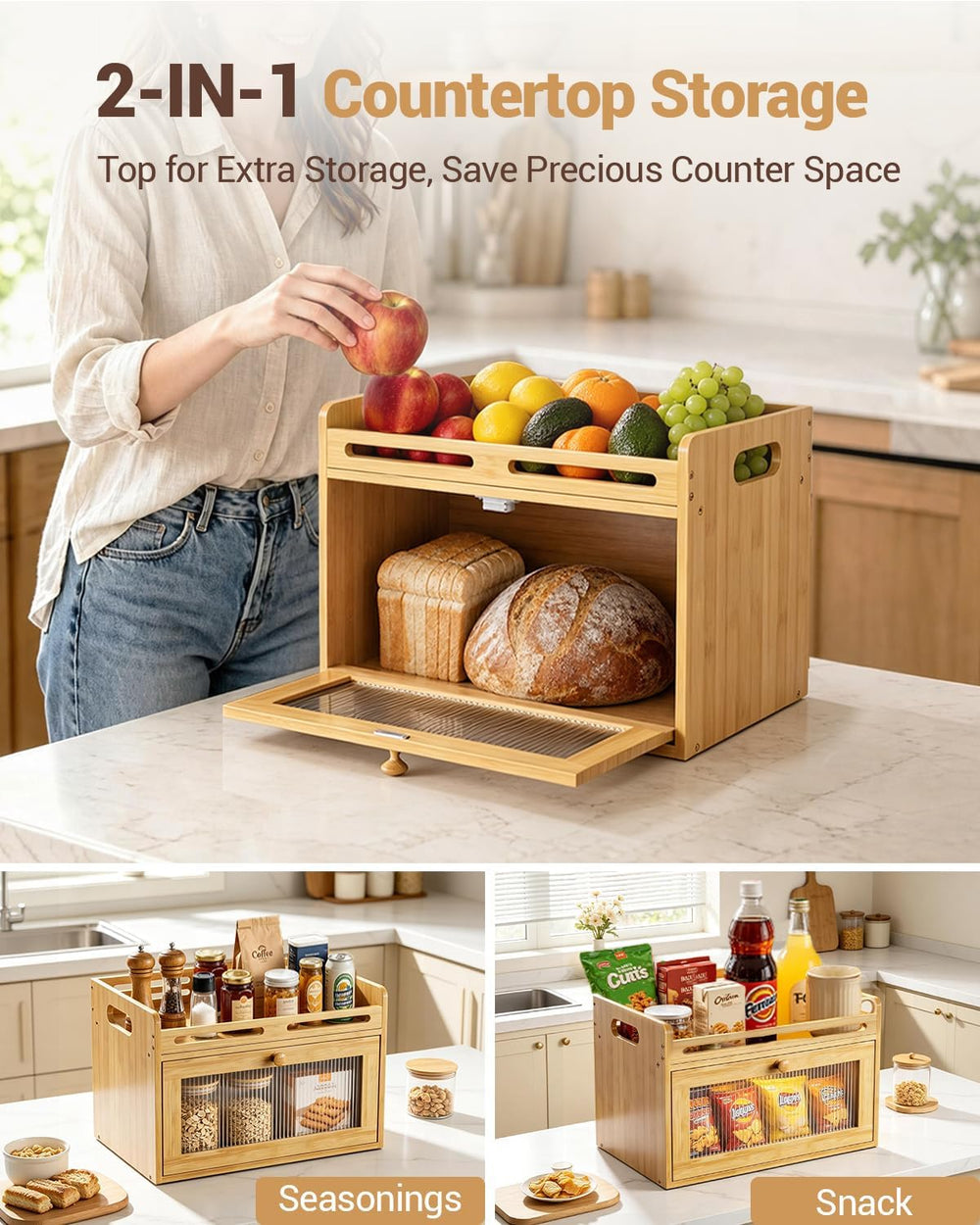 Bread Box for Kitchen Countertop, Bamboo Storage Container with Top Shelf