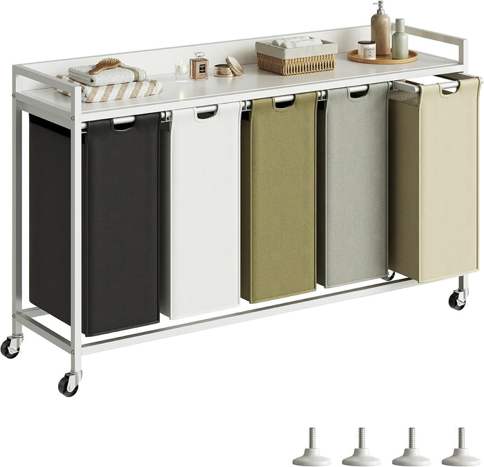 Herture Laundry Hamper with Shelf, Laundry Basket 5 Section, Laundry Sorter with Pull-Out Removable Large 5 Color Bags and Movable Wheels, Metal Frame, 5 x 15.87 Gallons (60L), White PF08XLE