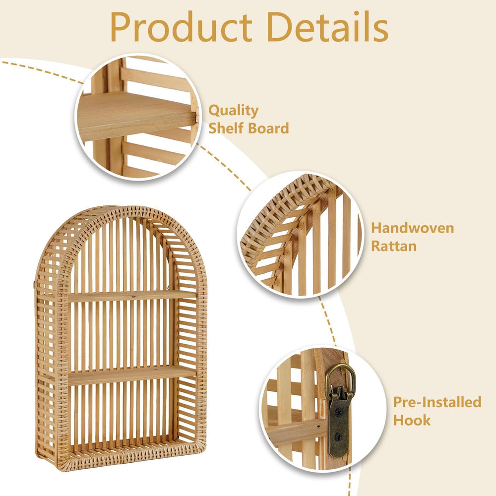 Rattan Wall Shelf - 3 Tier Boho Arch Hanging Shelves Handcraft Floating Shelf...