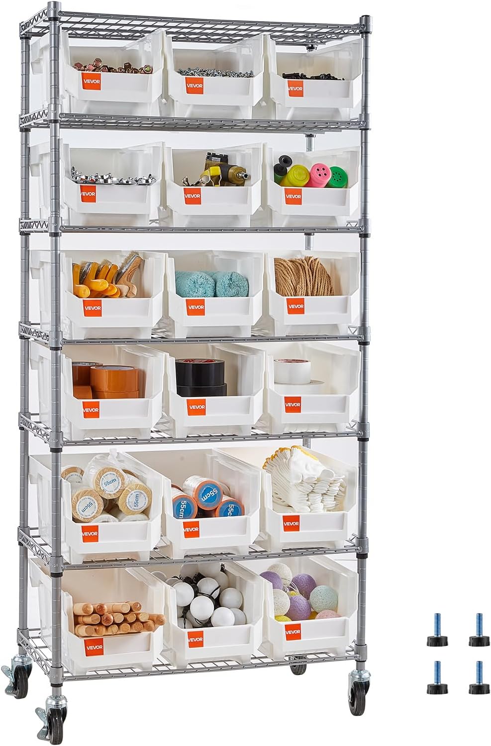 VEVOR 7-Tier Rolling Bin Storage Rack, 18 Organizer Bins, Bin Rack Storage St...