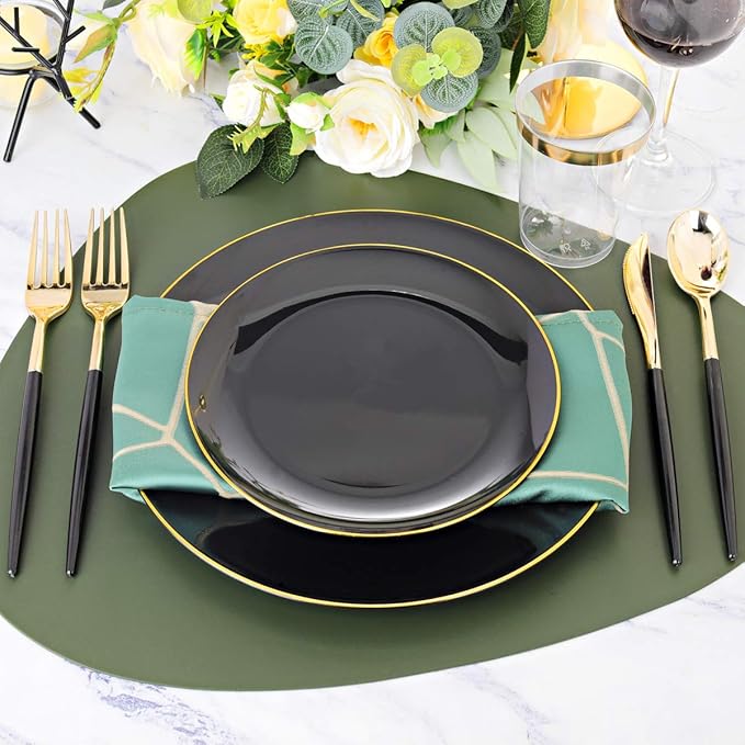 Supernal 350pcs Black Plastic Dinnerware Set - Black and Gold Plastic Plates,...