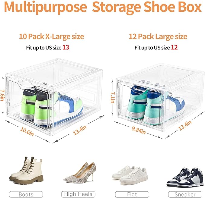 10 Pack Large Shoe Boxes Clear Plastic Stackable, Shoe Storage Organizer