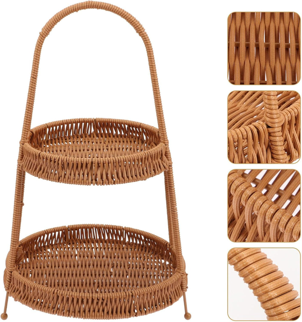 Kichvoe Handwoven Wicker Serving Baskets with Stand 2-tier Rattan Serving Tra...