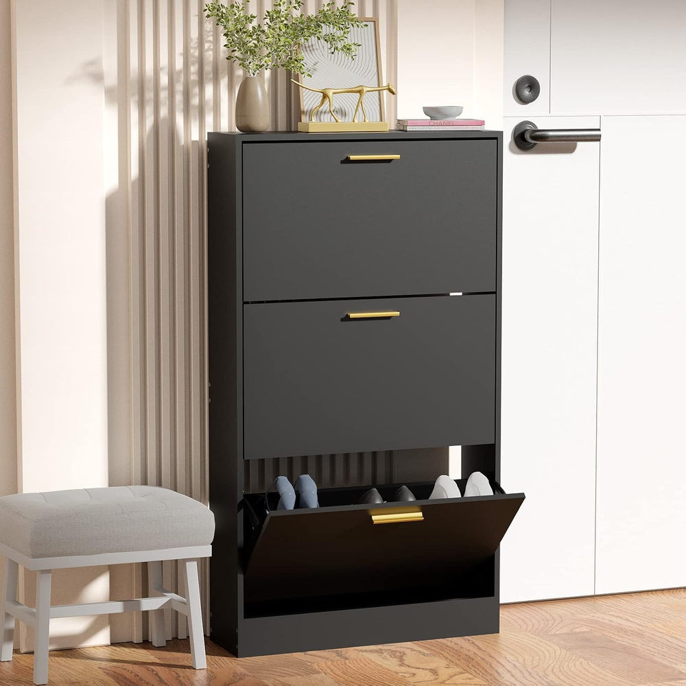 JOZZBY Modern Shoe Cabinet Storage with 3 Flip Drawers, Black丨Slim Freestandi...