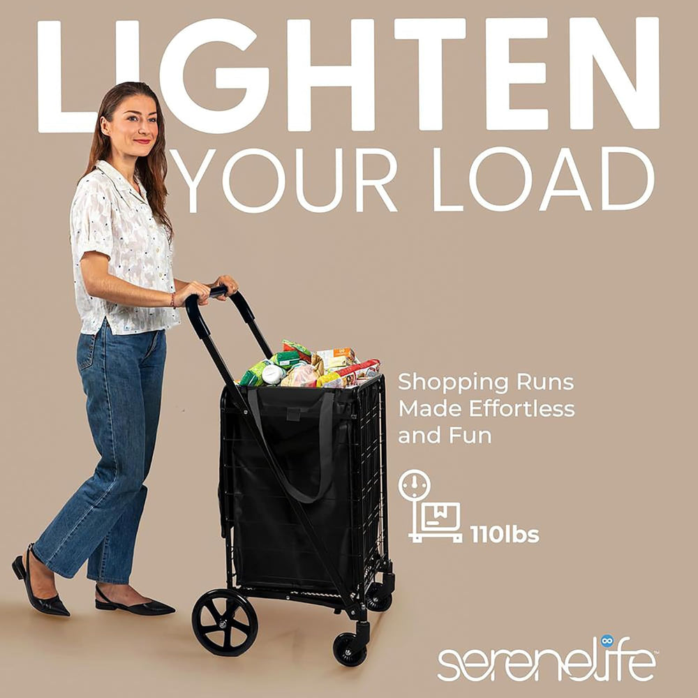 SereneLife Large Folding Utility Shopping Cart with Removable Liner – Heavy D...