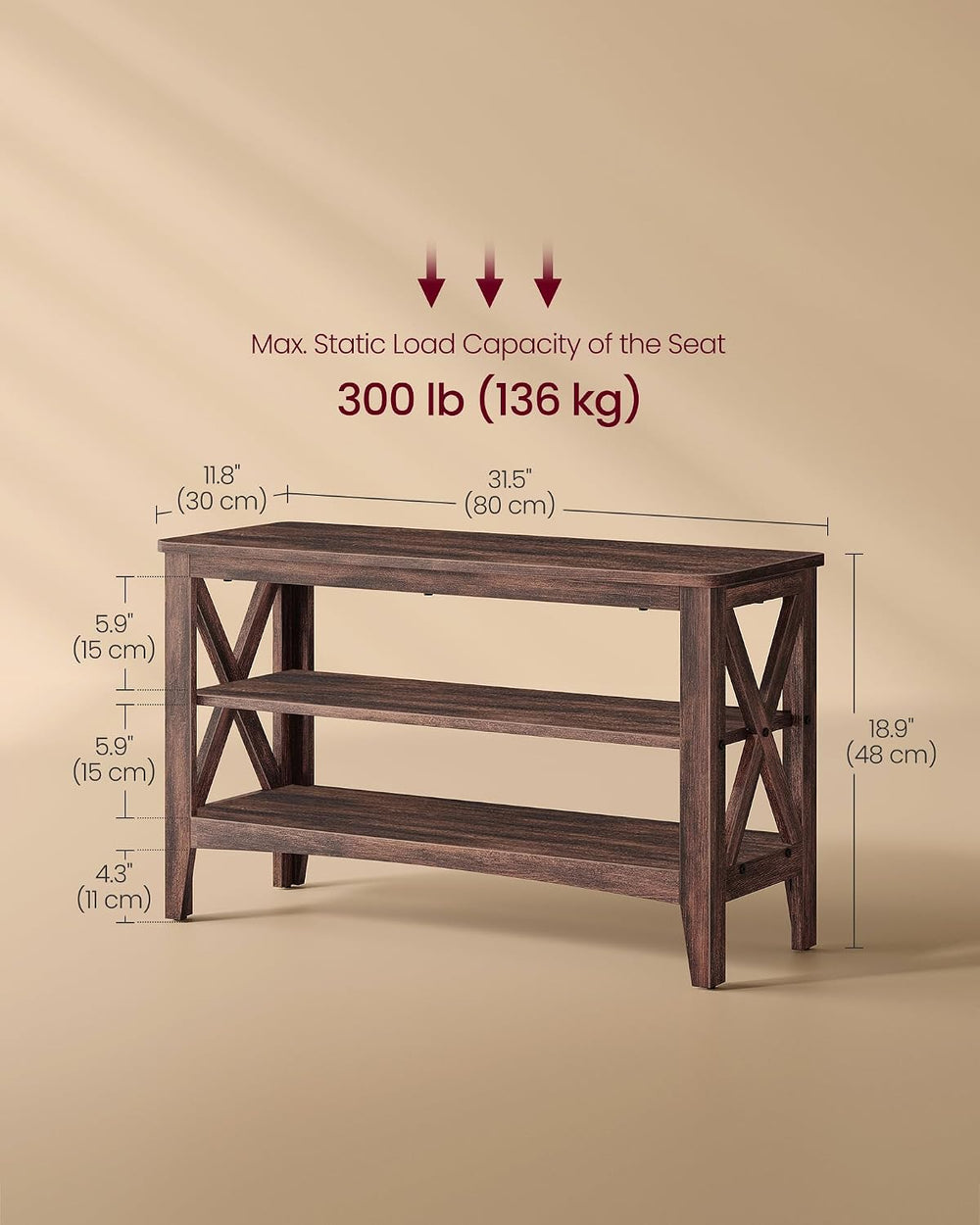 VASAGLE 2-Tier Shoe Bench, 11.8 x 31.5 x 18.9 Inches, Holds up to 300 lb