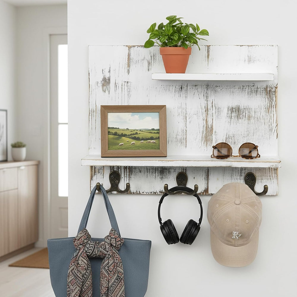 MyGift 2 Tier Wall Mounted Shabby White Washed Solid Wood Bathroom Storage Sh...